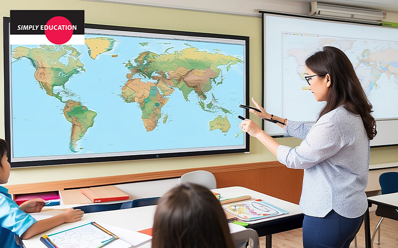 A teacher using an interactive world map to engage students in a geography lesson.